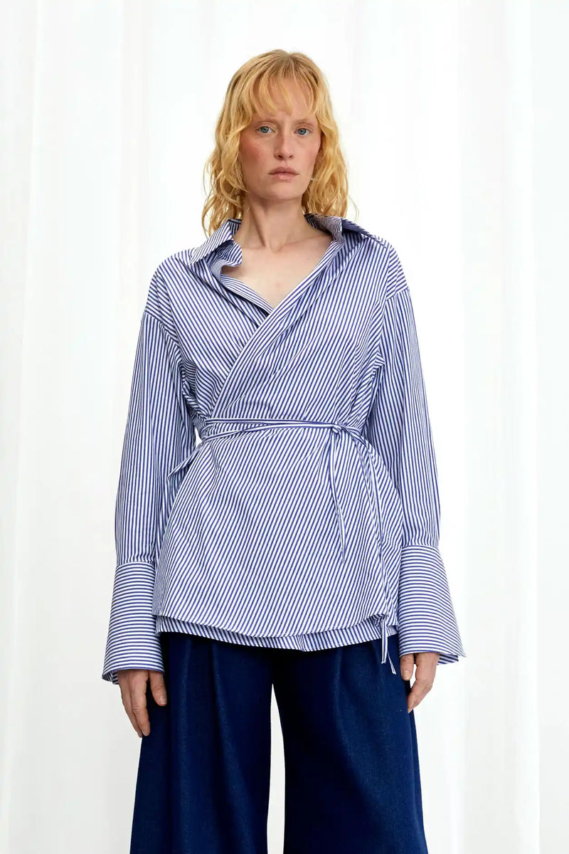 Love Revisited Striped Wrap Shirt - Blue + White