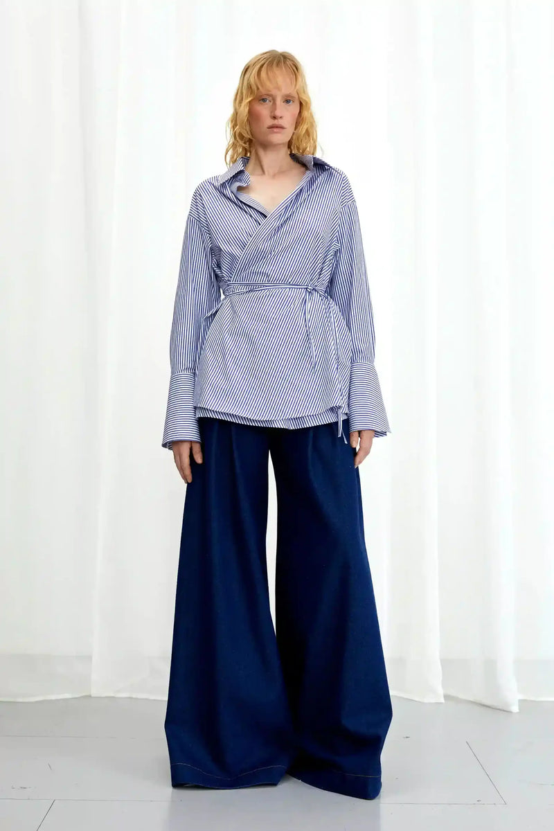 Love Revisited Striped Wrap Shirt - Blue + White