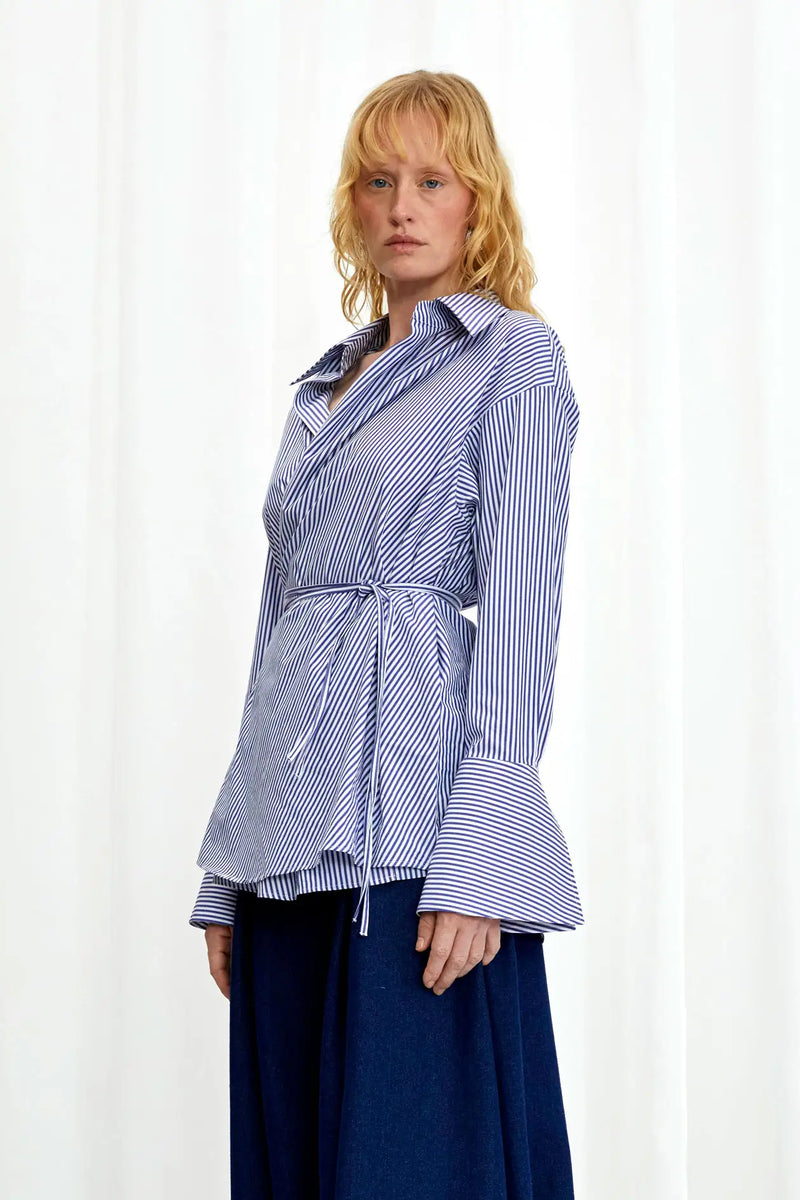 Love Revisited Striped Wrap Shirt - Blue + White