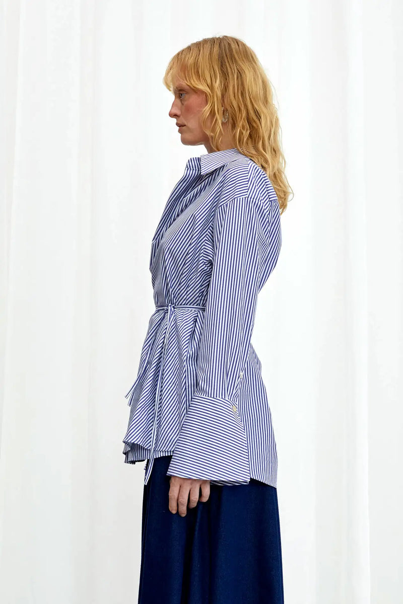 Love Revisited Striped Wrap Shirt - Blue + White