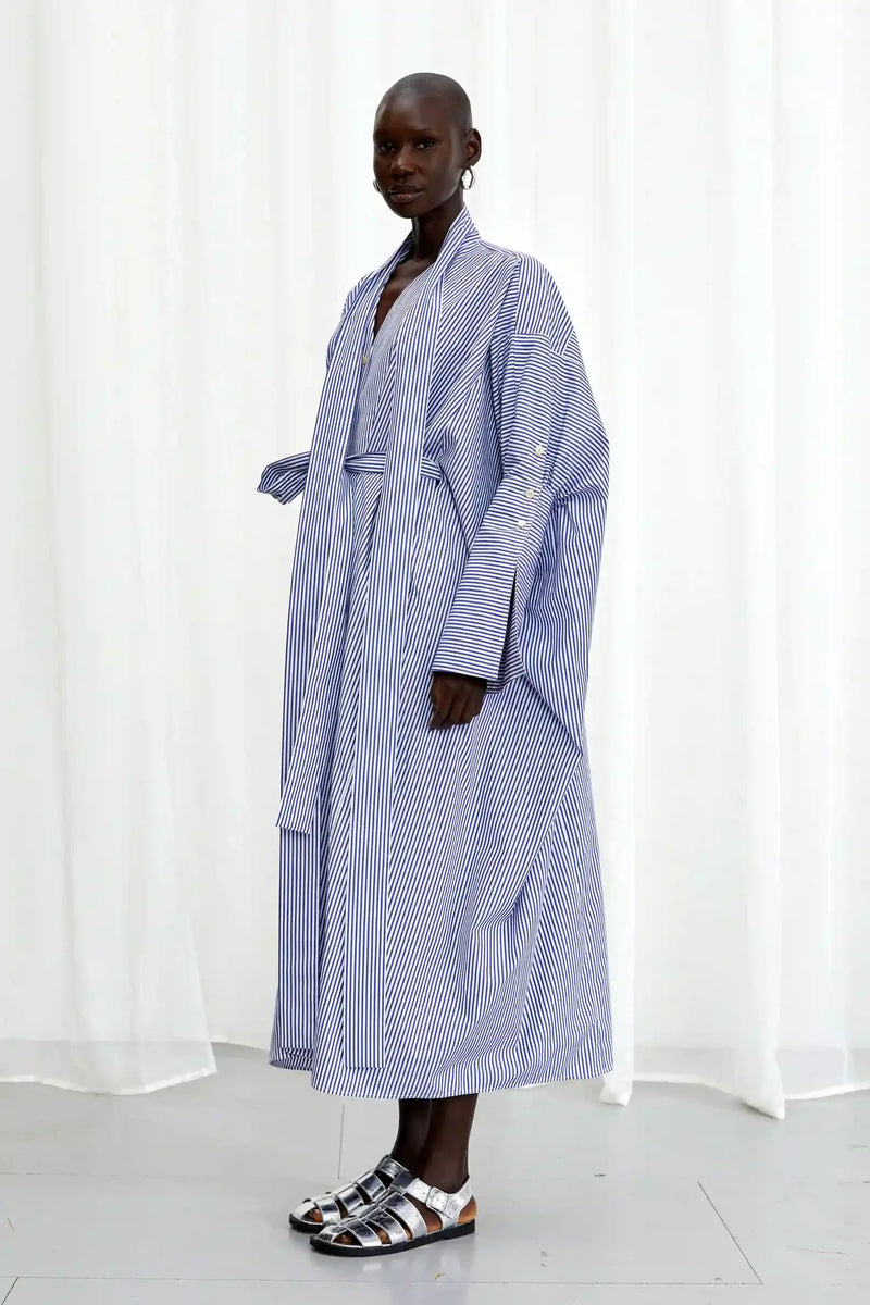Emotive Striped Oversized Cotton Dress - Blue + White