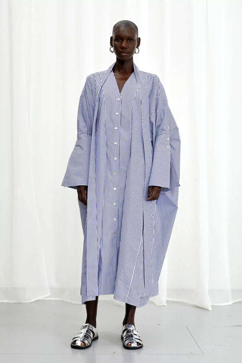 Emotive Striped Oversized Cotton Dress - Blue + White