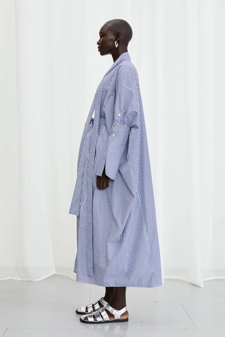 Emotive Striped Oversized Cotton Dress - Blue + White