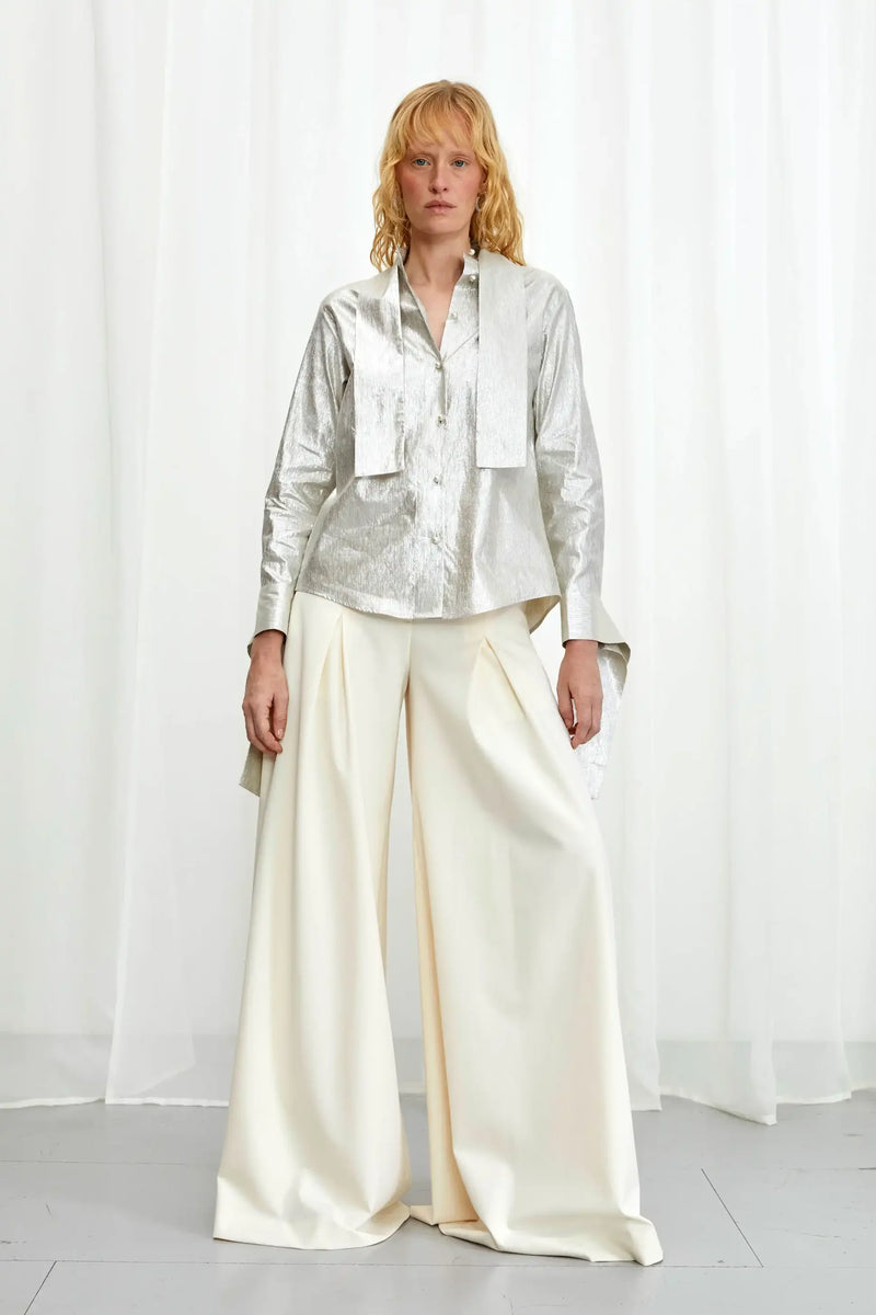 Confession Linen Pussybow Shirt - Silver