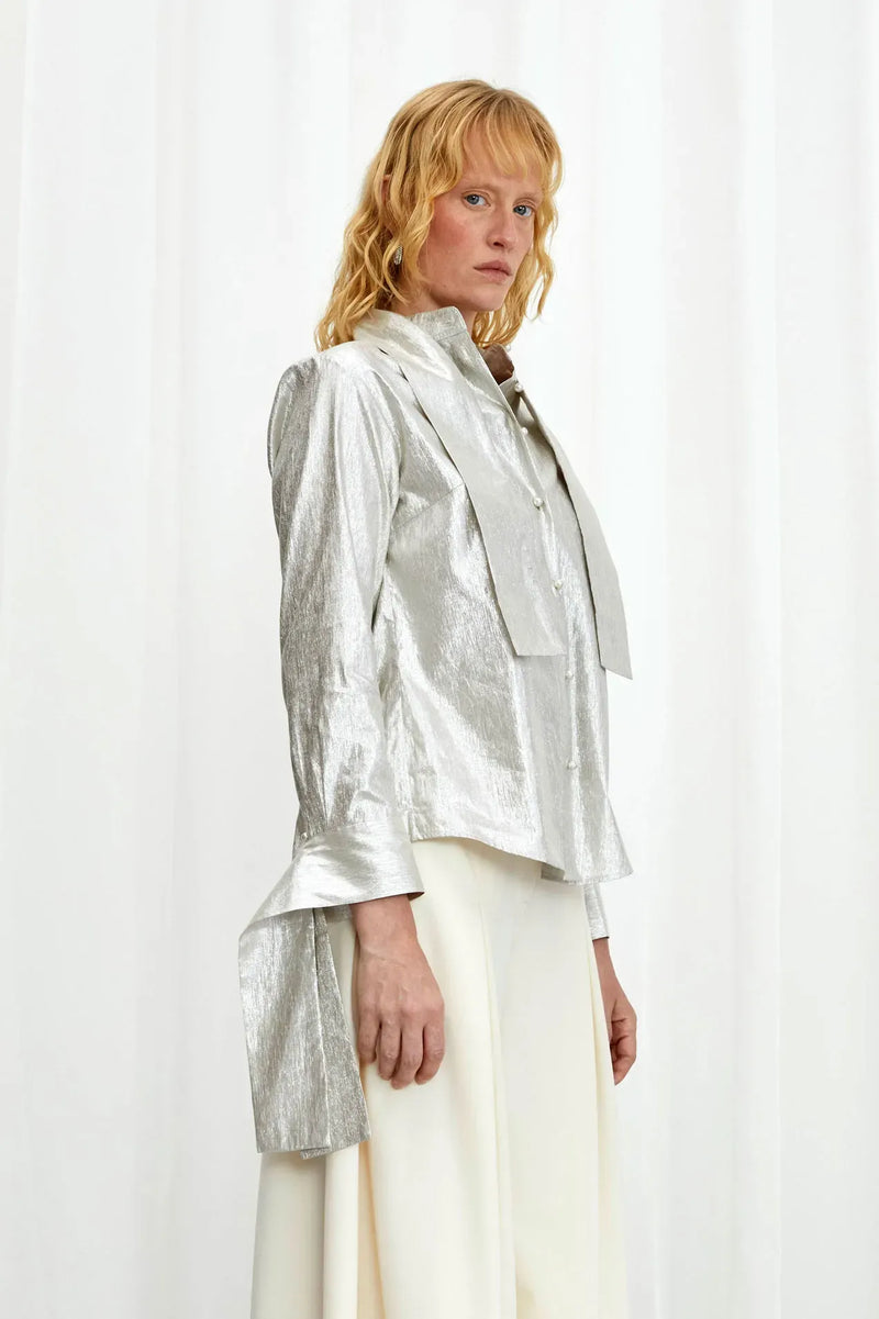 Confession Linen Pussybow Shirt - Silver