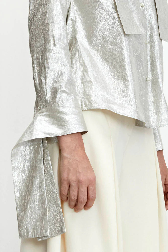 Confession Linen Pussybow Shirt - Silver