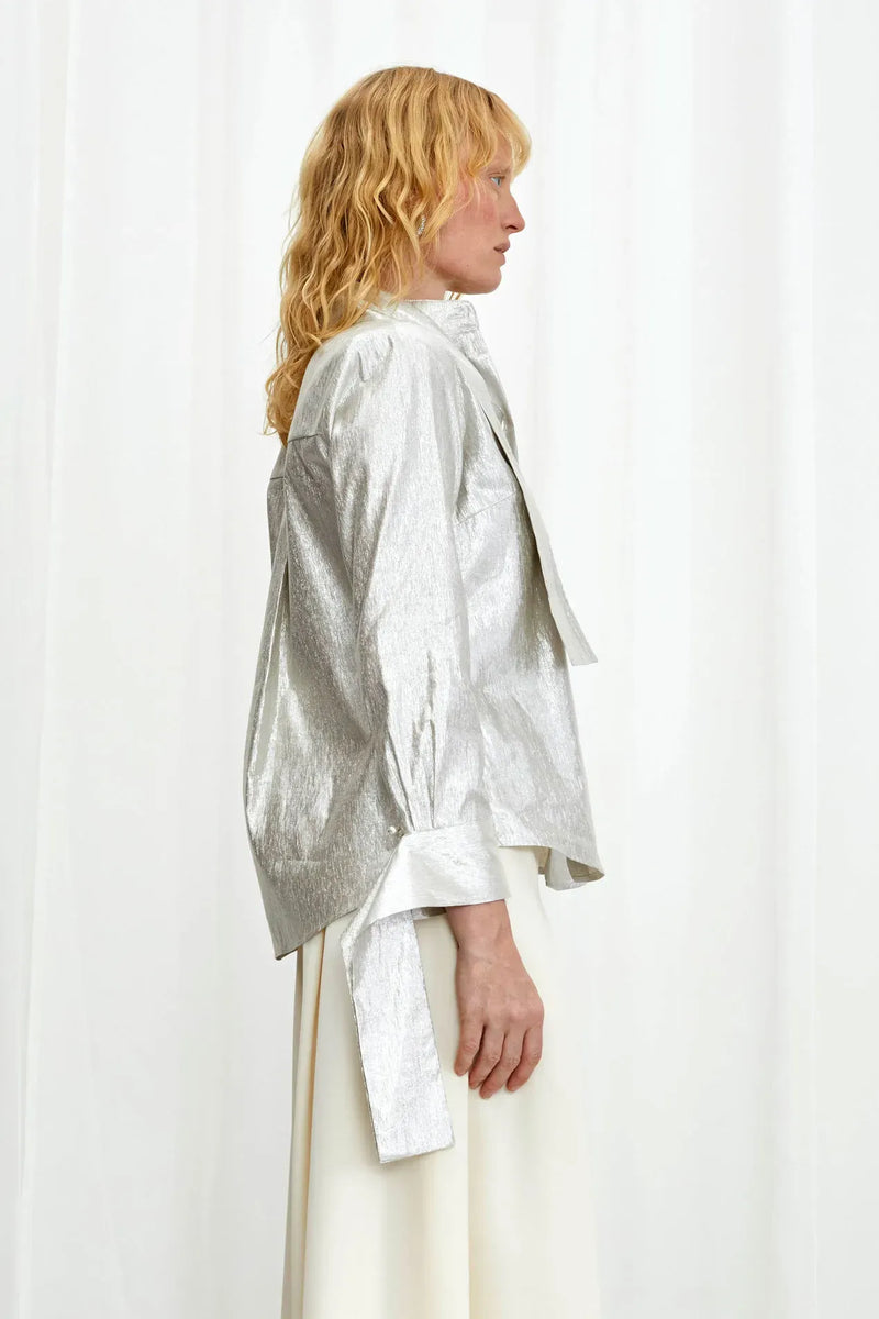 Confession Linen Pussybow Shirt - Silver