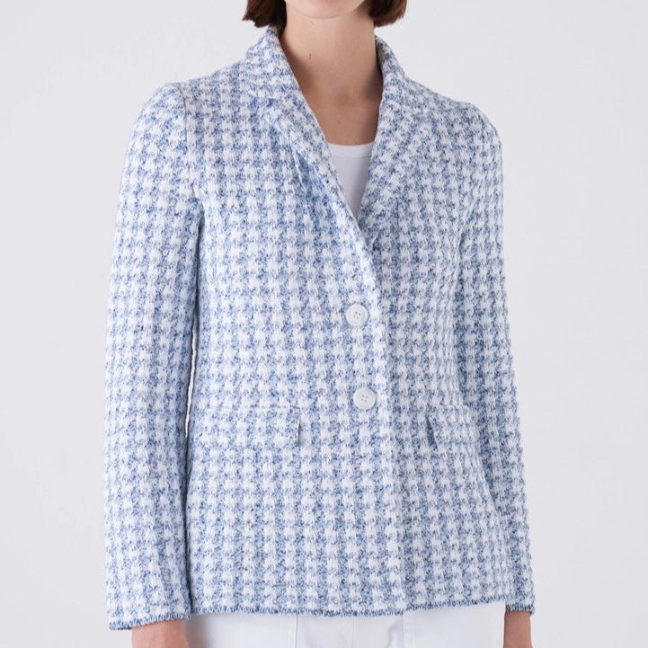 Amina Rubinacci Multi Blue Houndstooth Speranza Knit Blazer Timeless Martha's Vineyard 