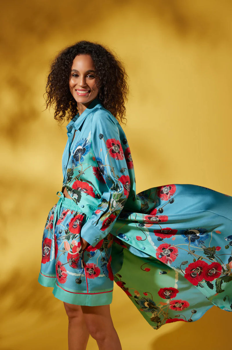 Aloe Poppy Print Silk Dress - Blue