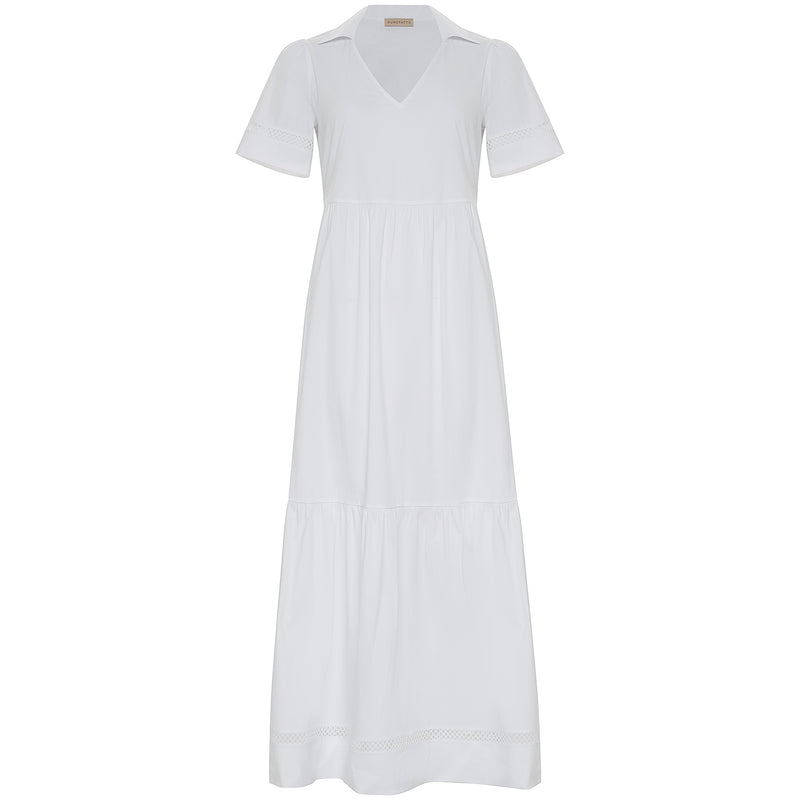 V-Neck Tiered Cotton Summer Dress - White